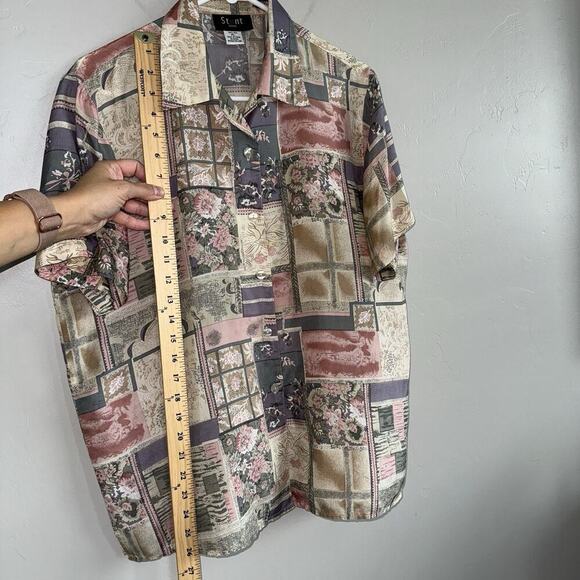 Vintage Stunt Petite 100% Silk Woman Blouse PL Pink Purple Floral Short Sleeve - Picture 5 of 7